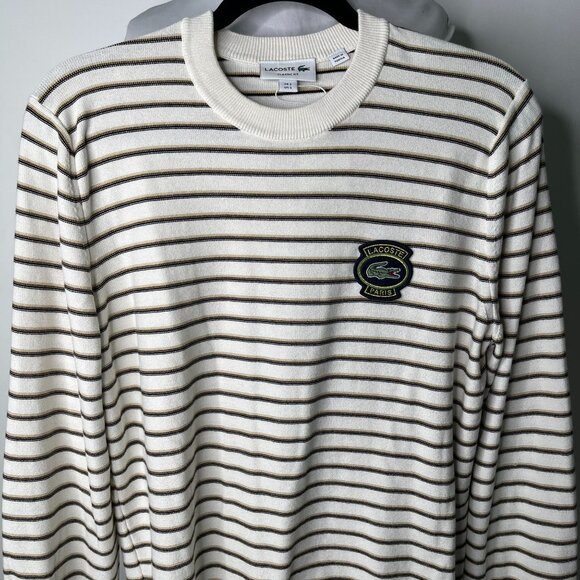NWT LACOSTE Men's White Striped Cotton Crewneck Sweater with Badge Size Small - Picture 2 of 8